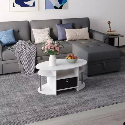 Table basse ovale moderne HOMLUX avec étagères latérales et bac de rangement en tissu pour salon
