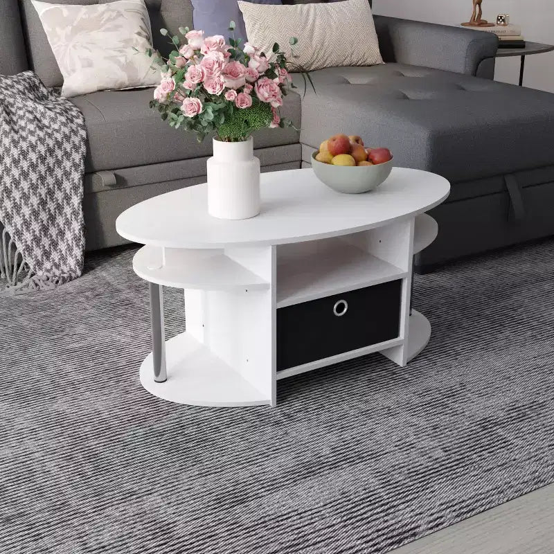 Table basse ovale moderne HOMLUX avec étagères latérales et bac de rangement en tissu pour salon