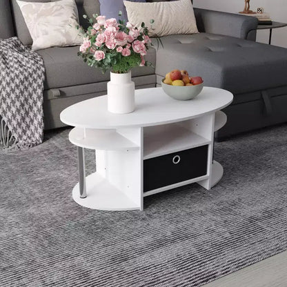 Table basse ovale moderne HOMLUX avec étagères latérales et bac de rangement en tissu pour salon