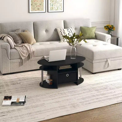 Table basse ovale moderne HOMLUX avec étagères latérales et bac de rangement en tissu pour salon