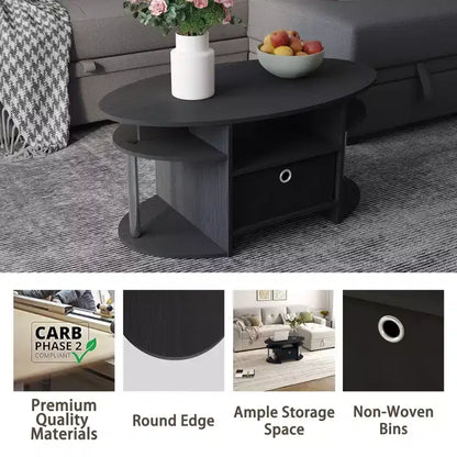 Table basse ovale moderne HOMLUX avec étagères latérales et bac de rangement en tissu pour salon