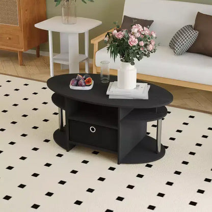 Table basse ovale moderne HOMLUX avec étagères latérales et bac de rangement en tissu pour salon