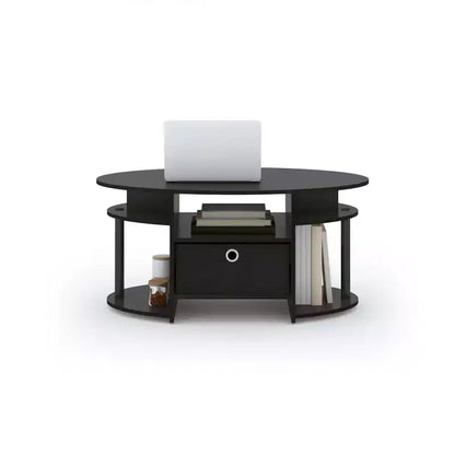 Table basse ovale moderne HOMLUX avec étagères latérales et bac de rangement en tissu pour salon