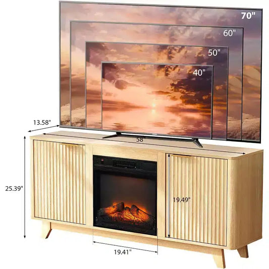 Meuble TV VINGLI pour téléviseurs jusqu'à 70 pouces, meuble de divertissement cannelé avec cheminée électrique et étagères réglables, chêne