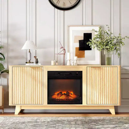 Meuble TV VINGLI pour téléviseurs jusqu'à 70 pouces, meuble de divertissement cannelé avec cheminée électrique et étagères réglables, chêne