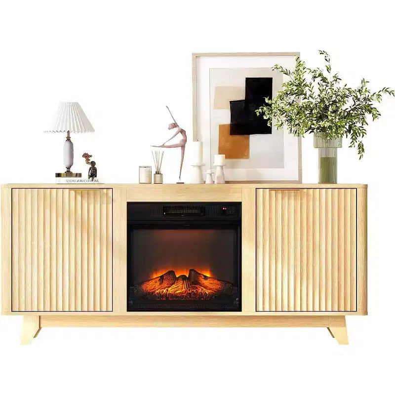 Meuble TV VINGLI pour téléviseurs jusqu'à 70 pouces, meuble de divertissement cannelé avec cheminée électrique et étagères réglables, chêne