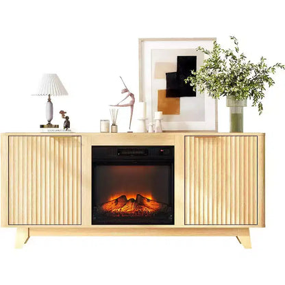 Meuble TV VINGLI pour téléviseurs jusqu'à 70 pouces, meuble de divertissement cannelé avec cheminée électrique et étagères réglables, chêne