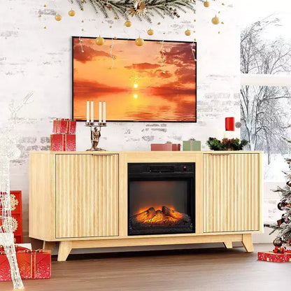 Meuble TV VINGLI pour téléviseurs jusqu'à 70 pouces, meuble de divertissement cannelé avec cheminée électrique et étagères réglables, chêne