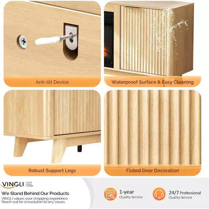 Meuble TV VINGLI pour téléviseurs jusqu'à 70 pouces, meuble de divertissement cannelé avec cheminée électrique et étagères réglables, chêne