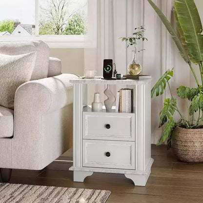 VINGLI Table de chevet de 50 cm de large avec station de charge, table de chevet blanche avec tiroirs, table de chevet en bois