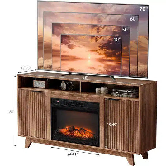 Meuble TV VINGLI avec foyer pour téléviseurs jusqu'à 70 pouces, meuble de divertissement cannelé avec foyer électrique et étagères réglables, armoire ouverte