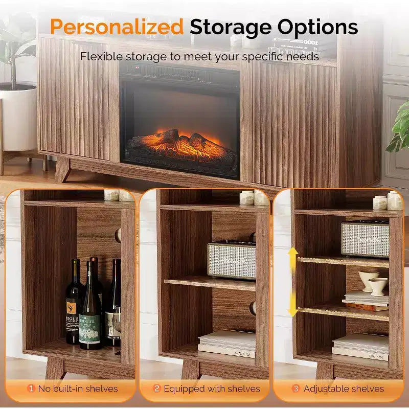 Meuble TV VINGLI avec foyer pour téléviseurs jusqu'à 70 pouces, meuble de divertissement cannelé avec foyer électrique et étagères réglables, armoire ouverte