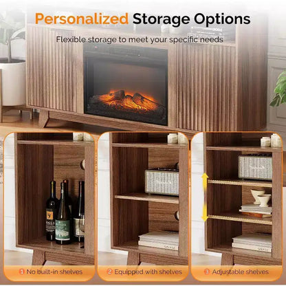 Meuble TV VINGLI avec foyer pour téléviseurs jusqu'à 70 pouces, meuble de divertissement cannelé avec foyer électrique et étagères réglables, armoire ouverte