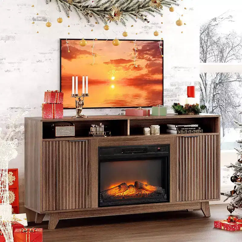 Meuble TV VINGLI avec foyer pour téléviseurs jusqu'à 70 pouces, meuble de divertissement cannelé avec foyer électrique et étagères réglables, armoire ouverte