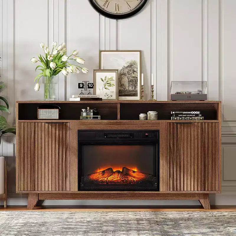 Meuble TV VINGLI avec foyer pour téléviseurs jusqu'à 70 pouces, meuble de divertissement cannelé avec foyer électrique et étagères réglables, armoire ouverte