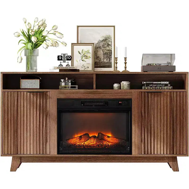 Meuble TV VINGLI avec foyer pour téléviseurs jusqu'à 70 pouces, meuble de divertissement cannelé avec foyer électrique et étagères réglables, armoire ouverte