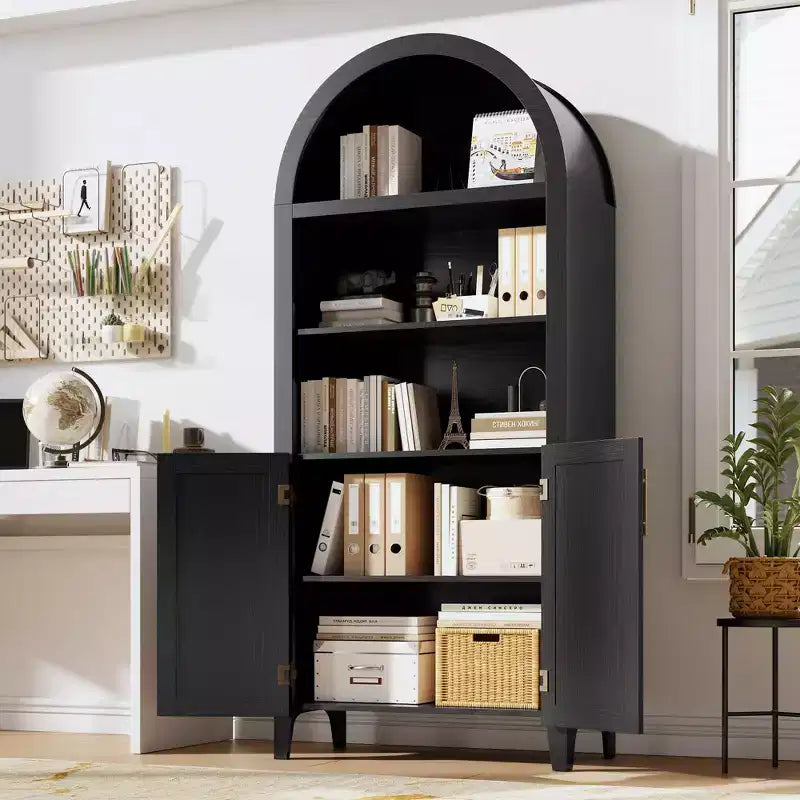 63.2 Bibliothèque arquée avec portes - Étagère de présentation ouverte à 5 niveaux, Armoire de rangement bibliothèque moderne pour bureau à domicile, salon, bibliothèque