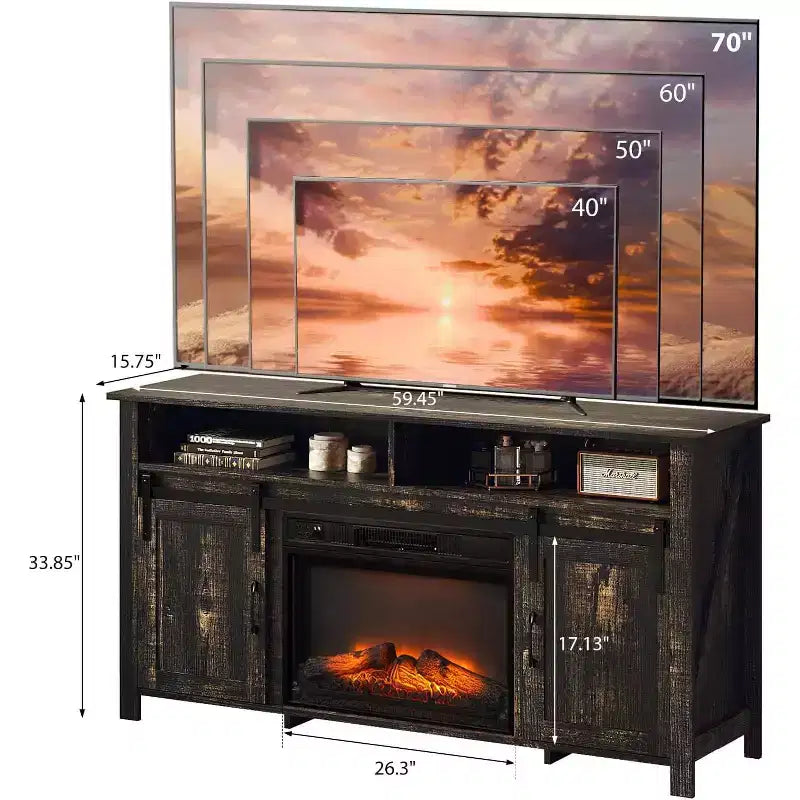 Meuble TV de cheminée VINGLI avec porte coulissante de grange pour téléviseur de 70 pouces, meuble de divertissement de style rustique avec cheminée de 23 pouces