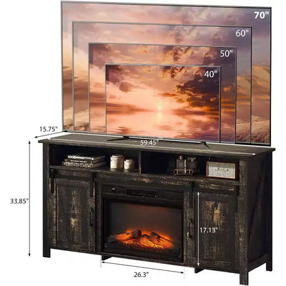Meuble TV de cheminée VINGLI avec porte coulissante de grange pour téléviseur de 70 pouces, meuble de divertissement de style rustique avec cheminée de 23 pouces