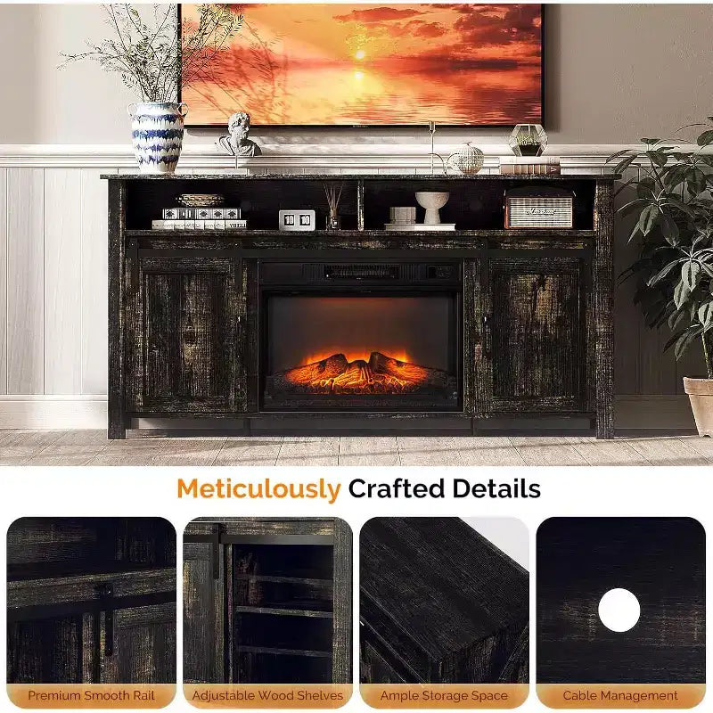 Meuble TV de cheminée VINGLI avec porte coulissante de grange pour téléviseur de 70 pouces, meuble de divertissement de style rustique avec cheminée de 23 pouces