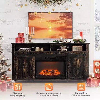 Meuble TV de cheminée VINGLI avec porte coulissante de grange pour téléviseur de 70 pouces, meuble de divertissement de style rustique avec cheminée de 23 pouces