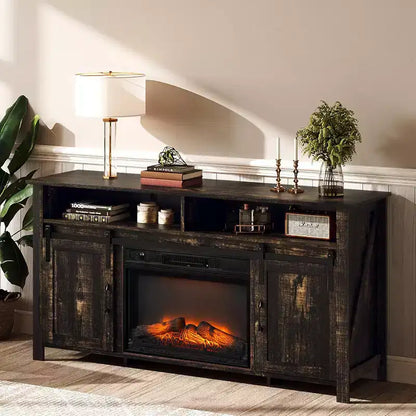 Meuble TV de cheminée VINGLI avec porte coulissante de grange pour téléviseur de 70 pouces, meuble de divertissement de style rustique avec cheminée de 23 pouces
