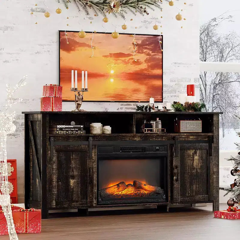 Meuble TV de cheminée VINGLI avec porte coulissante de grange pour téléviseur de 70 pouces, meuble de divertissement de style rustique avec cheminée de 23 pouces
