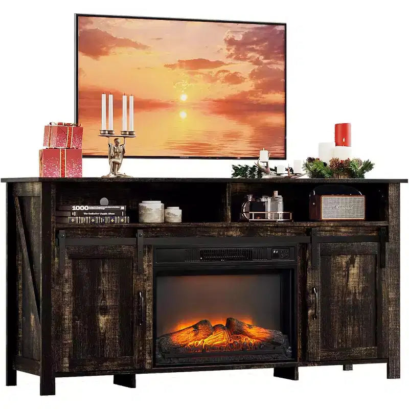 Meuble TV de cheminée VINGLI avec porte coulissante de grange pour téléviseur de 70 pouces, meuble de divertissement de style rustique avec cheminée de 23 pouces