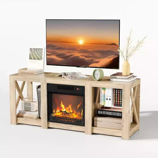 Meuble TV VINGLI avec foyer pour téléviseurs jusqu'à 70 pouces, meuble de divertissement style ferme avec cheminée électrique et étagères réglables