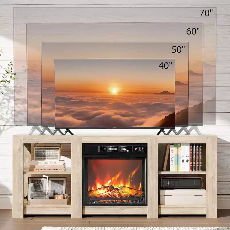 Meuble TV VINGLI avec foyer pour téléviseurs jusqu'à 70 pouces, meuble de divertissement style ferme avec cheminée électrique et étagères réglables