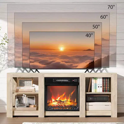 Meuble TV VINGLI avec foyer pour téléviseurs jusqu'à 70 pouces, meuble de divertissement style ferme avec cheminée électrique et étagères réglables