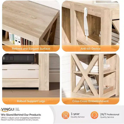 Meuble TV VINGLI avec foyer pour téléviseurs jusqu'à 70 pouces, meuble de divertissement style ferme avec cheminée électrique et étagères réglables