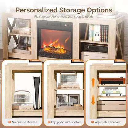 Meuble TV VINGLI avec foyer pour téléviseurs jusqu'à 70 pouces, meuble de divertissement style ferme avec cheminée électrique et étagères réglables