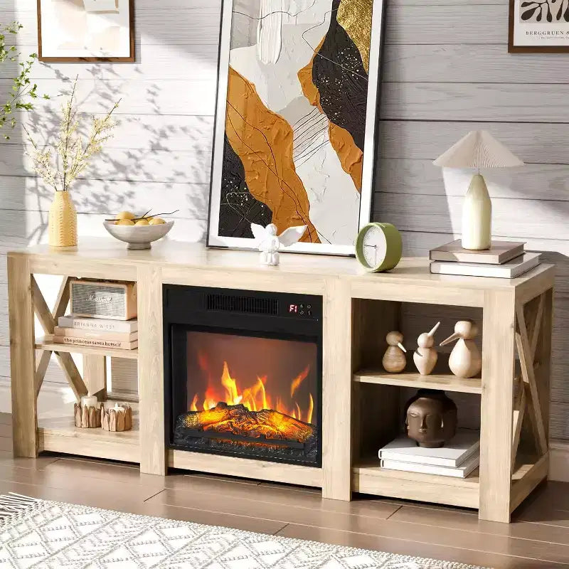 Meuble TV VINGLI avec foyer pour téléviseurs jusqu'à 70 pouces, meuble de divertissement style ferme avec cheminée électrique et étagères réglables