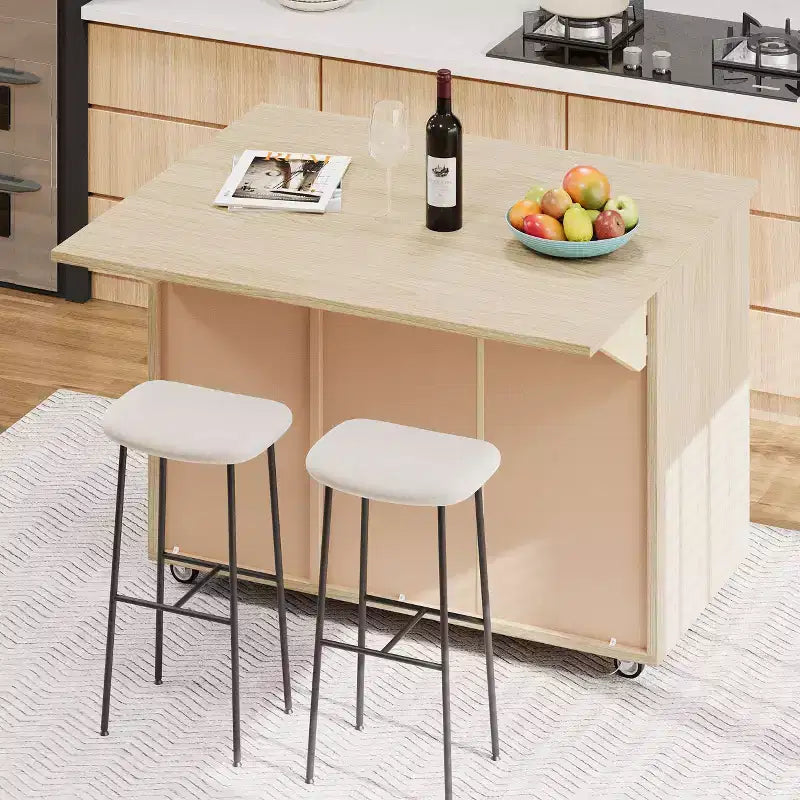 Îlot de cuisine Okak avec rallonge à rabat et portes tissées à la main, Chariot de cuisine avec étagère de rangement interne, Organisateur de comptoir pour cuisine