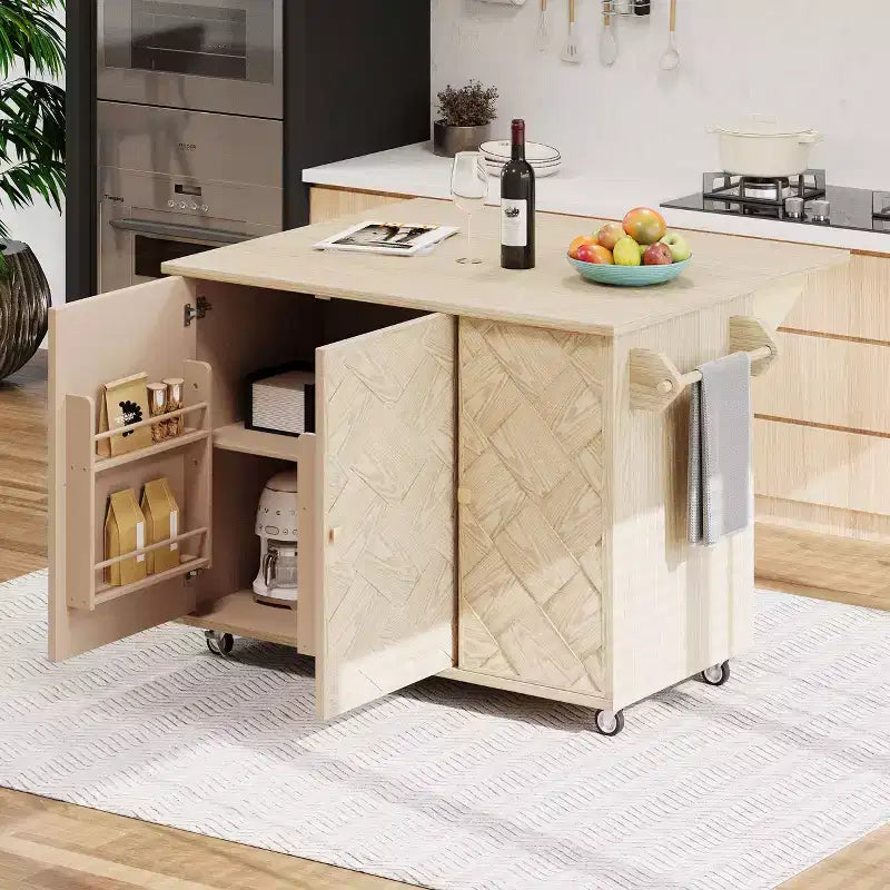 Îlot de cuisine Okak avec rallonge à rabat et portes tissées à la main, Chariot de cuisine avec étagère de rangement interne, Organisateur de comptoir pour cuisine