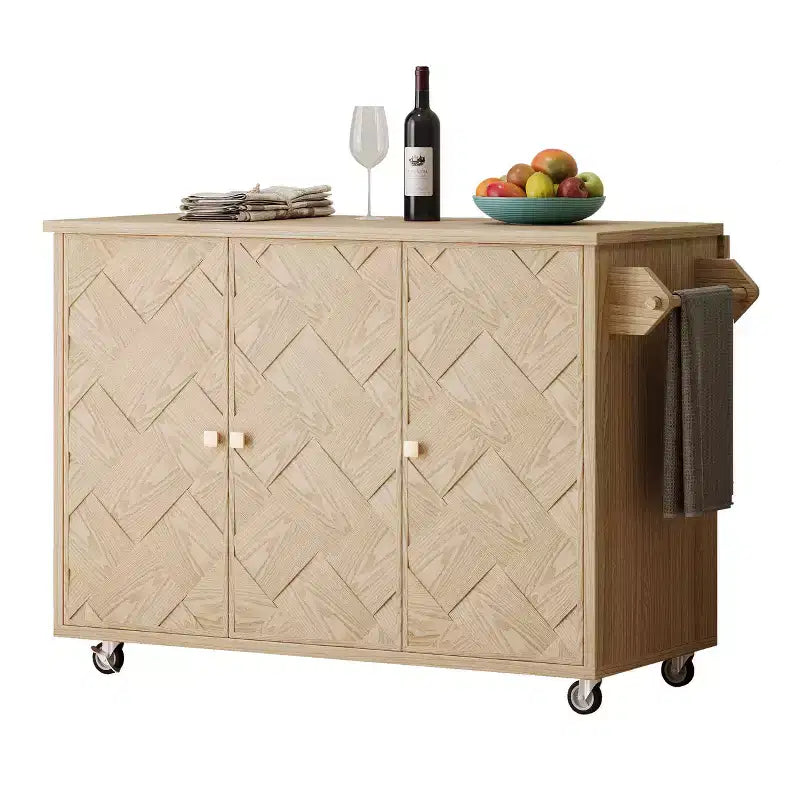 Îlot de cuisine Okak avec rallonge à rabat et portes tissées à la main, Chariot de cuisine avec étagère de rangement interne, Organisateur de comptoir pour cuisine
