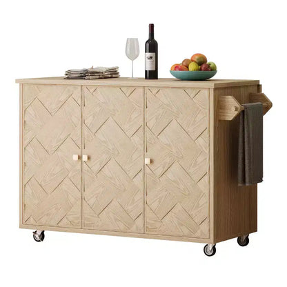 Îlot de cuisine Okak avec rallonge à rabat et portes tissées à la main, Chariot de cuisine avec étagère de rangement interne, Organisateur de comptoir pour cuisine