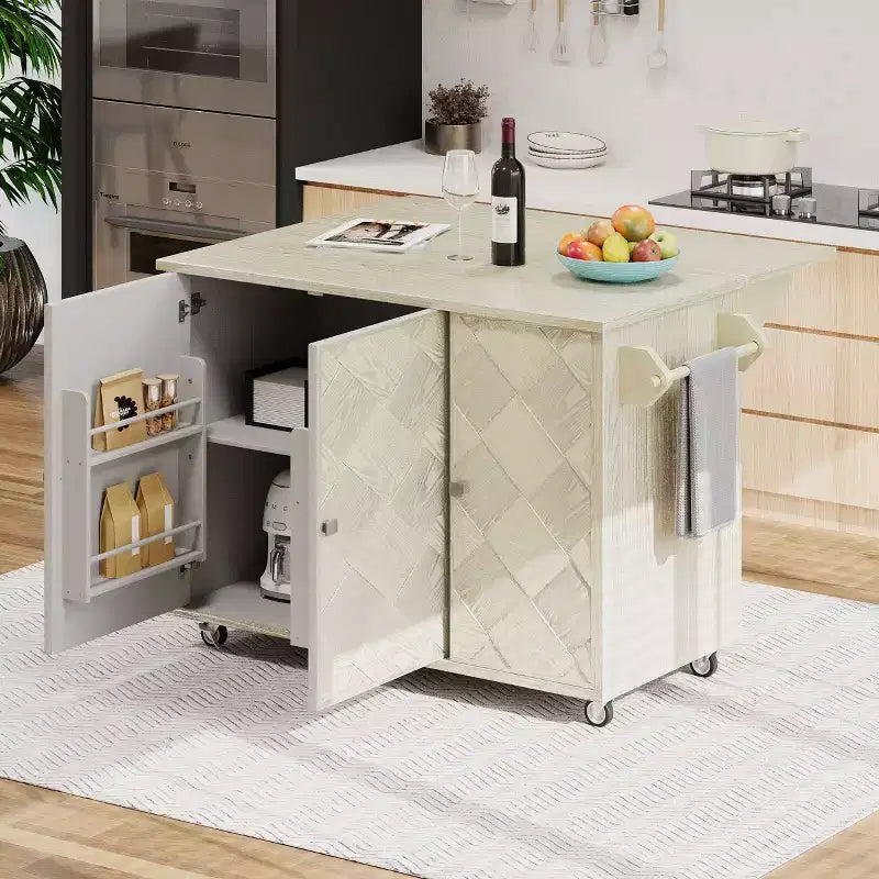 Îlot de cuisine Okak avec rallonge à rabat et portes tissées à la main, Chariot de cuisine avec étagère de rangement interne, Organisateur de comptoir pour cuisine
