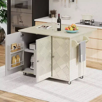 Îlot de cuisine Okak avec rallonge à rabat et portes tissées à la main, Chariot de cuisine avec étagère de rangement interne, Organisateur de comptoir pour cuisine