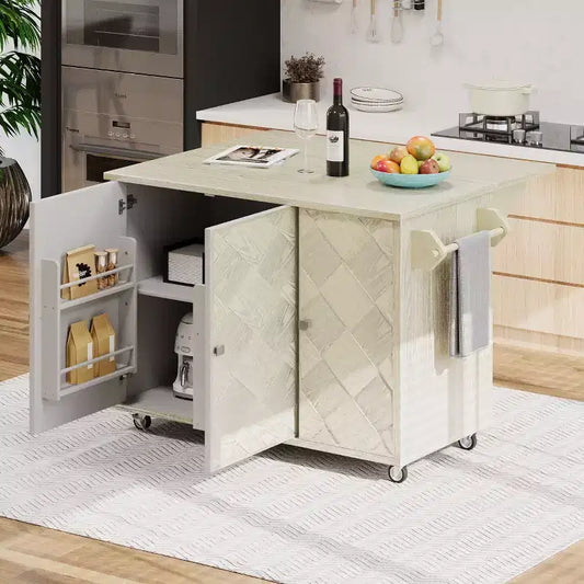 Îlot de cuisine Okak avec rallonge à rabat et portes tissées à la main, Chariot de cuisine avec étagère de rangement interne, Organisateur de comptoir pour cuisine