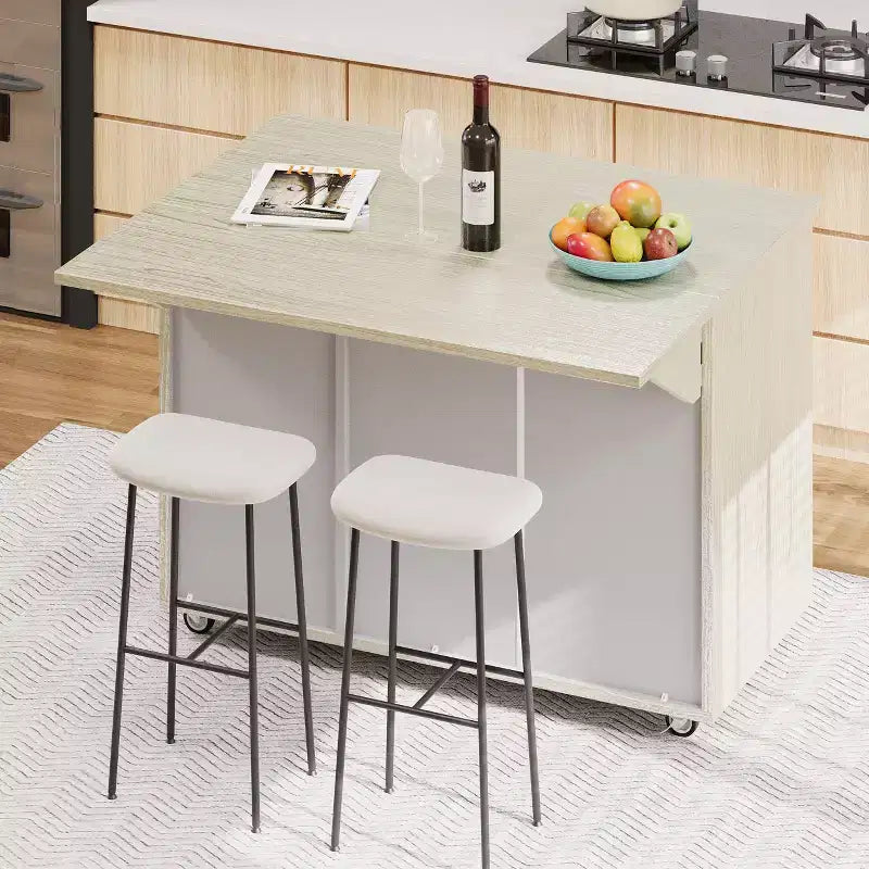 Îlot de cuisine Okak avec rallonge à rabat et portes tissées à la main, Chariot de cuisine avec étagère de rangement interne, Organisateur de comptoir pour cuisine