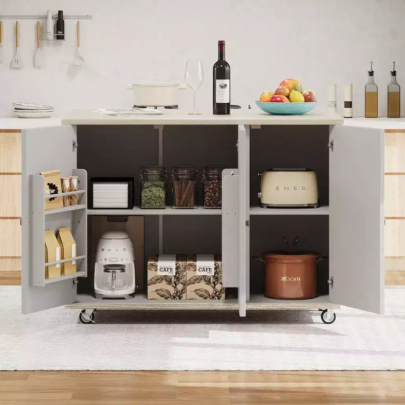Îlot de cuisine Okak avec rallonge à rabat et portes tissées à la main, Chariot de cuisine avec étagère de rangement interne, Organisateur de comptoir pour cuisine