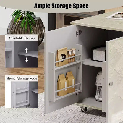 Îlot de cuisine Okak avec rallonge à rabat et portes tissées à la main, Chariot de cuisine avec étagère de rangement interne, Organisateur de comptoir pour cuisine