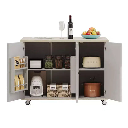 Îlot de cuisine Okak avec rallonge à rabat et portes tissées à la main, Chariot de cuisine avec étagère de rangement interne, Organisateur de comptoir pour cuisine