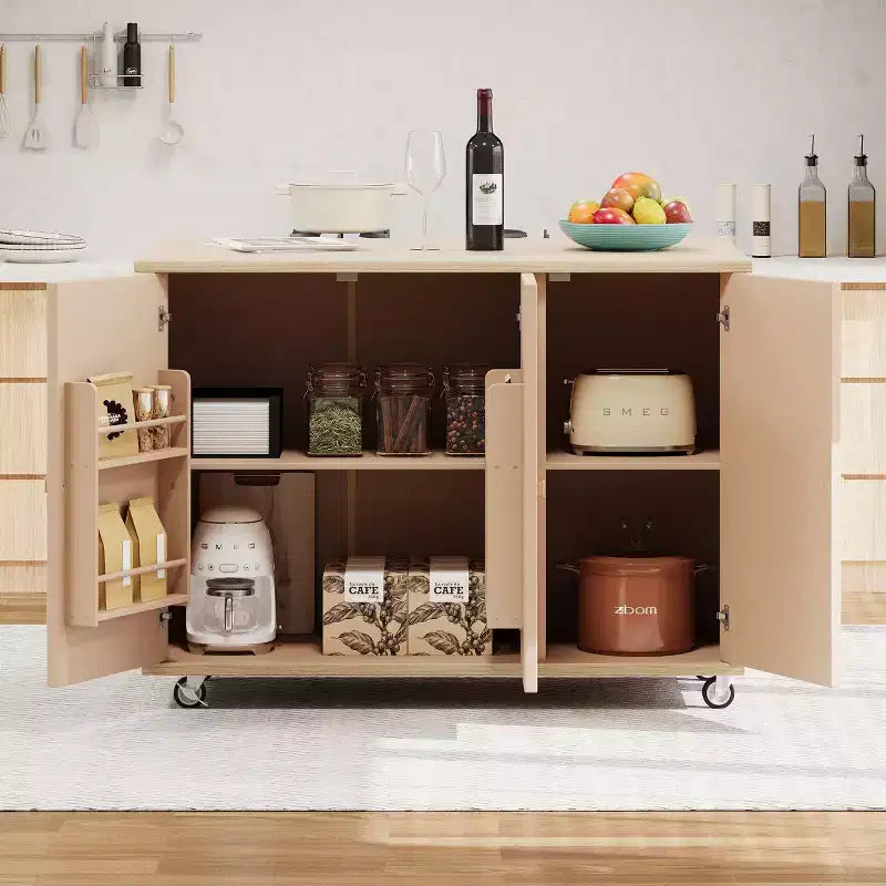 Îlot de cuisine Okak avec rallonge à rabat et portes tissées à la main, Chariot de cuisine avec étagère de rangement interne, Organisateur de comptoir pour cuisine