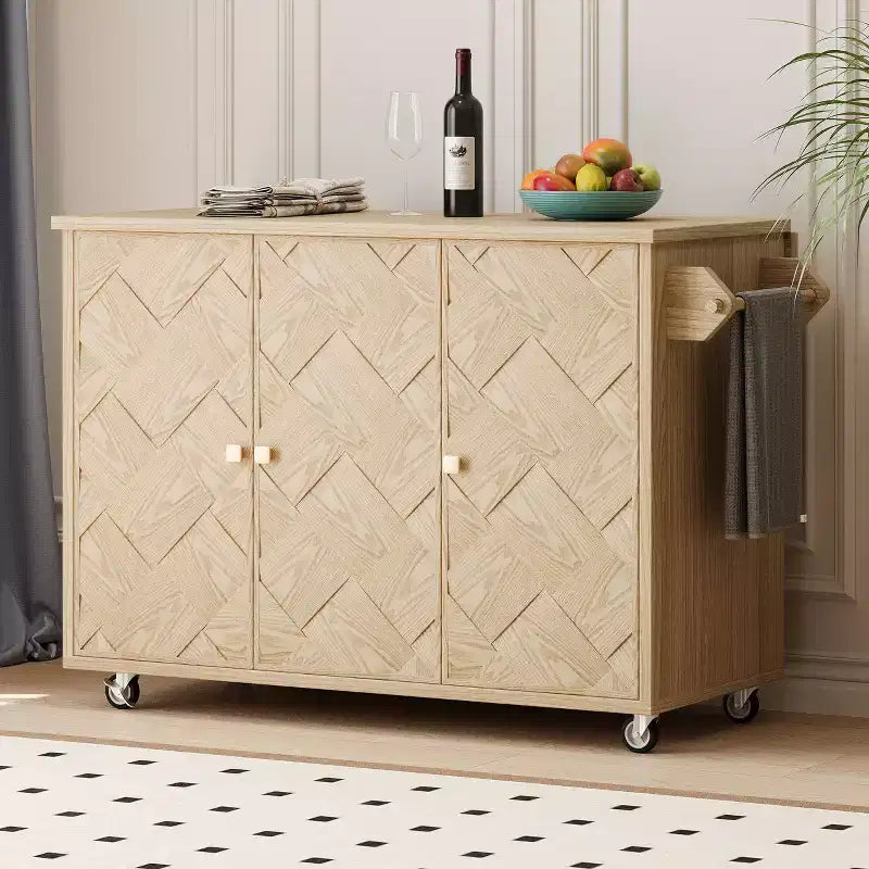 Îlot de cuisine Okak avec rallonge à rabat et portes tissées à la main, Chariot de cuisine avec étagère de rangement interne, Organisateur de comptoir pour cuisine