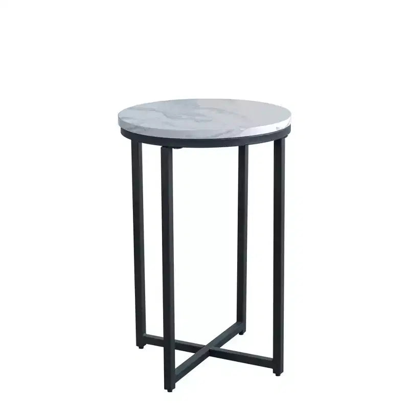 Table d'appoint moderne Okak avec plateau effet marbre Pattam, table d'appoint ronde avec piètement métallique croisé, petite table de salon, noire