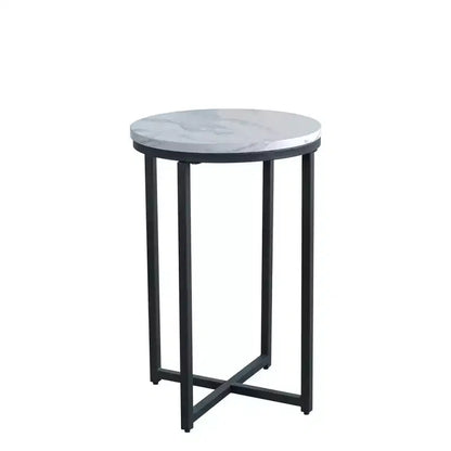 Table d'appoint moderne Okak avec plateau effet marbre Pattam, table d'appoint ronde avec piètement métallique croisé, petite table de salon, noire