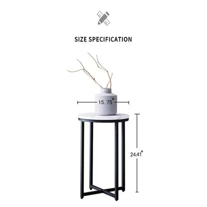 Table d'appoint moderne Okak avec plateau effet marbre Pattam, table d'appoint ronde avec piètement métallique croisé, petite table de salon, noire